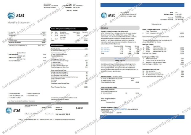 USA Texas AT&T telecommunications utility bill template in Word and PDF format (2 pages)